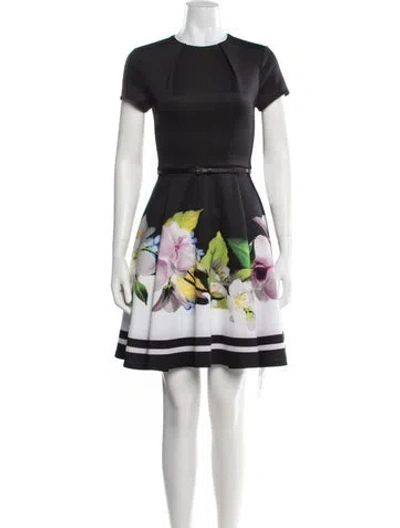Pre-owned Ted Baker Floral Print Knee-length Dress In Black
