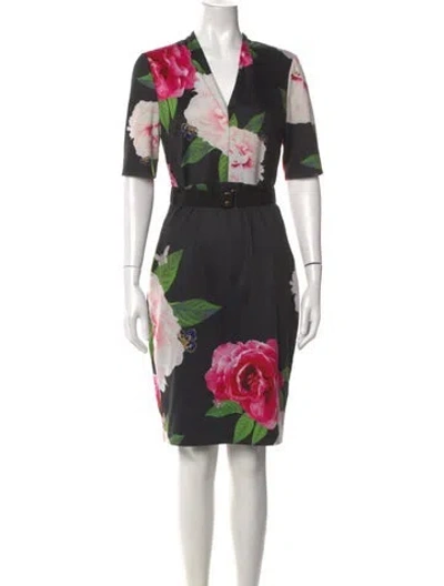 Pre-owned Ted Baker Floral Print Knee-length Dress In Black