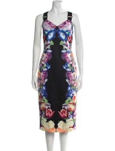 Pre-owned Ted Baker Floral Print Knee-length Dress In Black