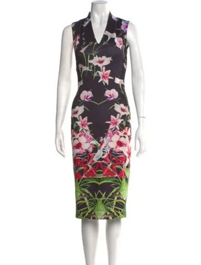 Pre-owned Ted Baker Floral Print Knee-length Dress In Black