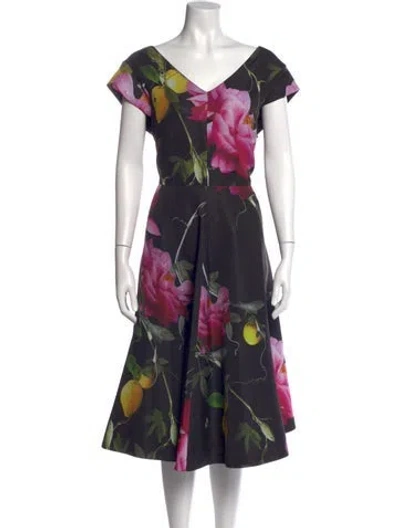 Pre-owned Ted Baker Floral Print Knee-length Dress In Black