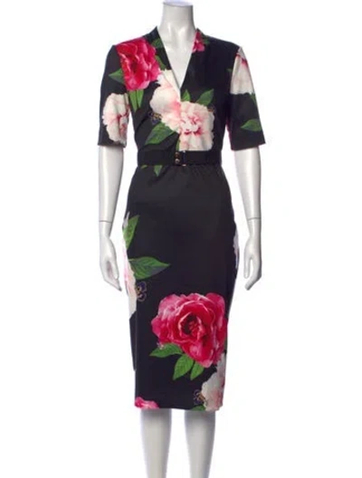 Pre-owned Ted Baker Floral Print Knee-length Dress In Black