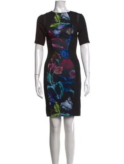 Pre-owned Ted Baker Floral Print Knee-length Dress In Black