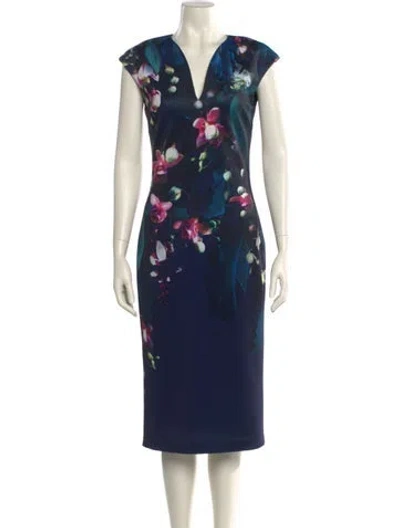 Pre-owned Ted Baker Floral Print Knee-length Dress In Blue