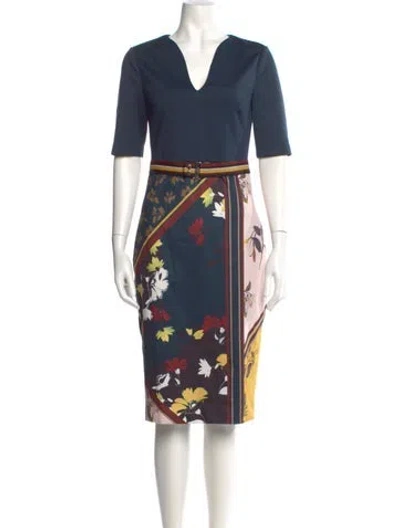 Pre-owned Ted Baker Floral Print Knee-length Dress In Blue