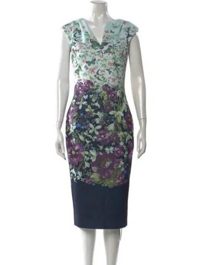 Pre-owned Ted Baker Floral Print Knee-length Dress In Blue