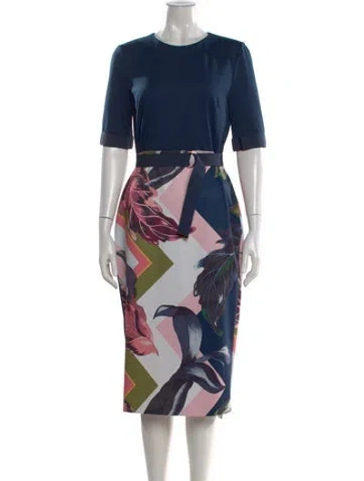 Pre-owned Ted Baker Floral Print Knee-length Dress In Blue