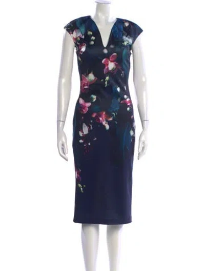Pre-owned Ted Baker Floral Print Knee-length Dress In Blue