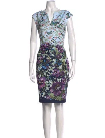 Pre-owned Ted Baker Floral Print Knee-length Dress In Blue