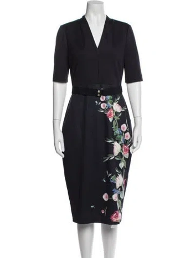 Pre-owned Ted Baker Floral Print Knee-length Dress In Blue