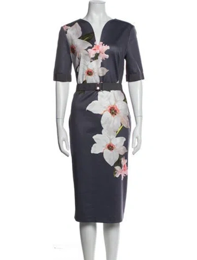 Pre-owned Ted Baker Floral Print Knee-length Dress In Blue
