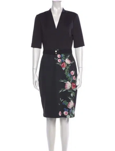 Pre-owned Ted Baker Floral Print Knee-length Dress In Blue