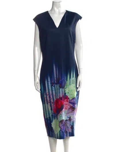 Pre-owned Ted Baker Floral Print Knee-length Dress In Blue