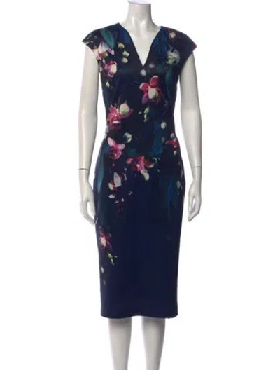 Pre-owned Ted Baker Floral Print Knee-length Dress In Blue