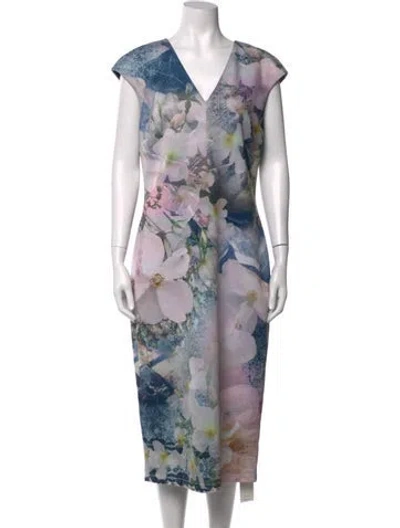 Pre-owned Ted Baker Floral Print Knee-length Dress In Blue