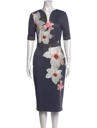 Pre-owned Ted Baker Floral Print Knee-length Dress In Gray