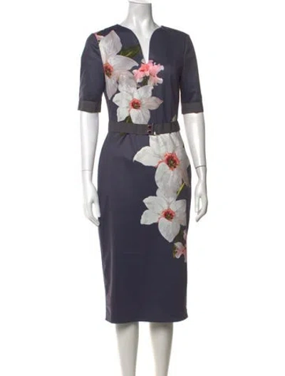 Pre-owned Ted Baker Floral Print Knee-length Dress In Grey