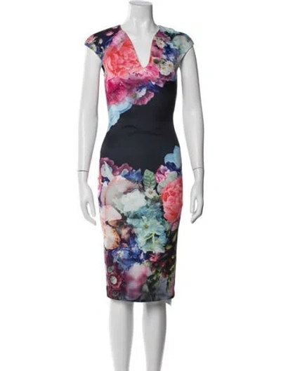 Pre-owned Ted Baker Floral Print Knee-length Dress W/ Tags In Blue