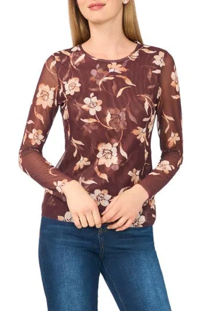 Ted Baker Floral Print Long Sleeve Mesh Top In Brown
