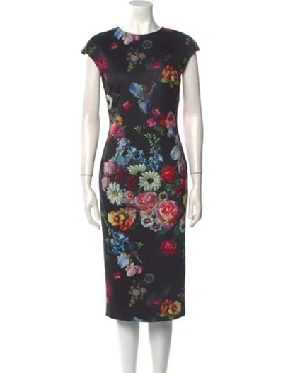 Pre-owned Ted Baker Floral Print Midi Length Dress In Black