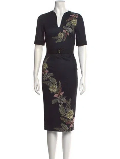 Pre-owned Ted Baker Floral Print Midi Length Dress In Black