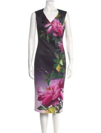 Pre-owned Ted Baker Floral Print Midi Length Dress In Black