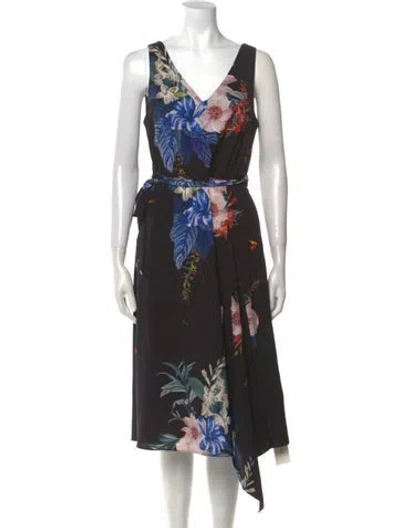 Pre-owned Ted Baker Floral Print Midi Length Dress In Black