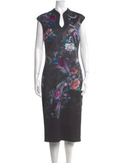 Pre-owned Ted Baker Floral Print Midi Length Dress In Black
