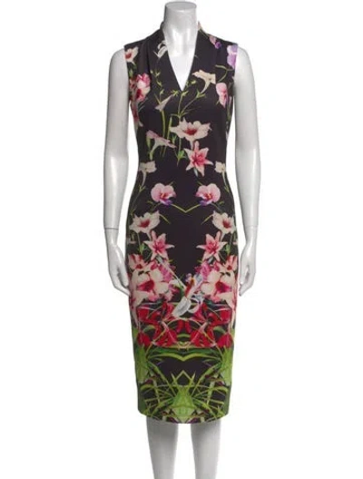 Pre-owned Ted Baker Floral Print Midi Length Dress In Black