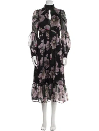 Pre-owned Ted Baker Floral Print Midi Length Dress In Black