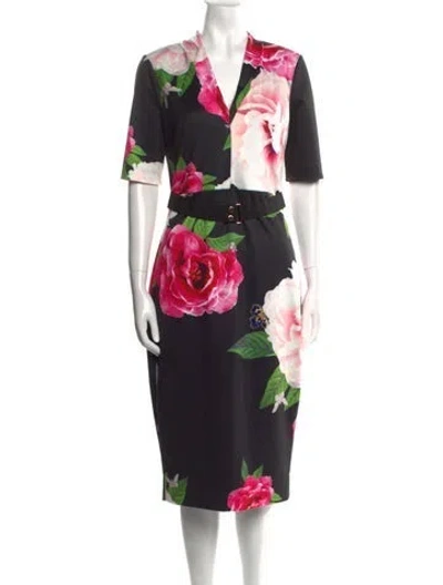 Pre-owned Ted Baker Floral Print Midi Length Dress In Black