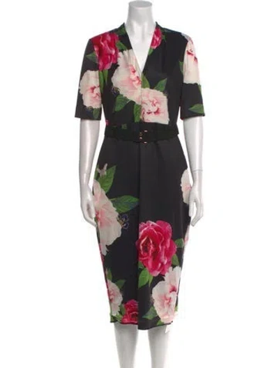 Pre-owned Ted Baker Floral Print Midi Length Dress In Black