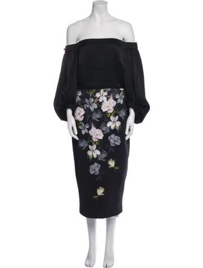 Pre-owned Ted Baker Floral Print Midi Length Dress In Black