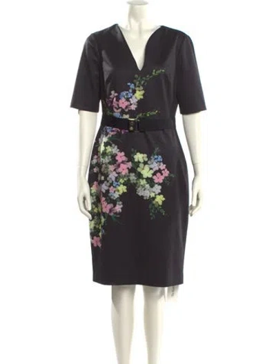 Pre-owned Ted Baker Floral Print Midi Length Dress In Black