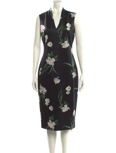 Pre-owned Ted Baker Floral Print Midi Length Dress In Black