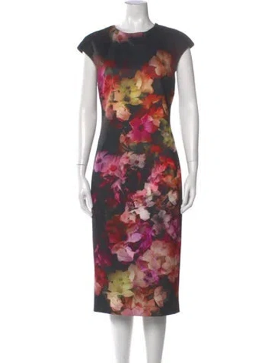 Pre-owned Ted Baker Floral Print Midi Length Dress In Black