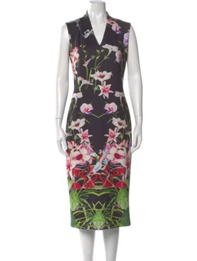 Pre-owned Ted Baker Floral Print Midi Length Dress In Black