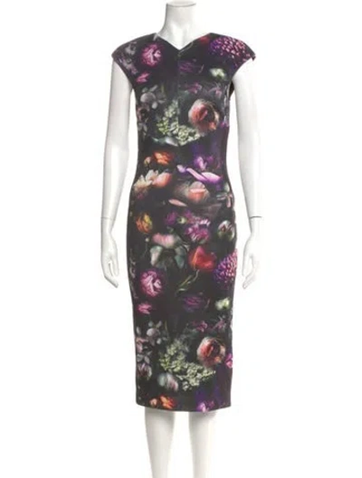Pre-owned Ted Baker Floral Print Midi Length Dress In Black