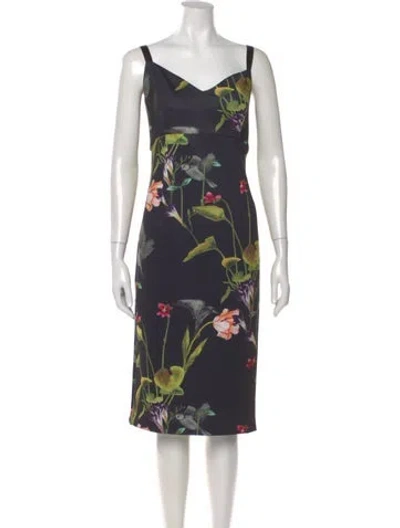 Pre-owned Ted Baker Floral Print Midi Length Dress In Black