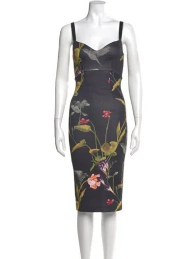 Pre-owned Ted Baker Floral Print Midi Length Dress In Black