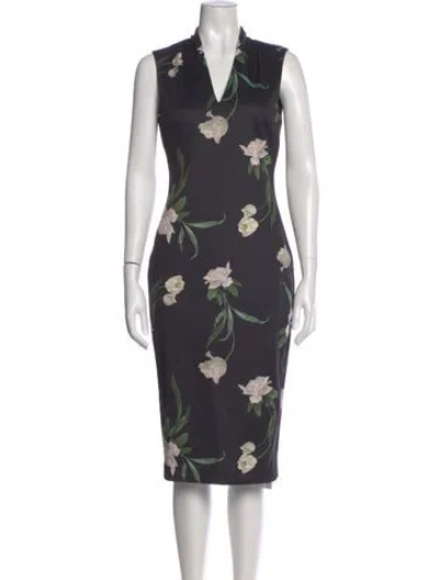 Pre-owned Ted Baker Floral Print Midi Length Dress In Black