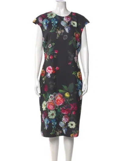 Pre-owned Ted Baker Floral Print Midi Length Dress In Black