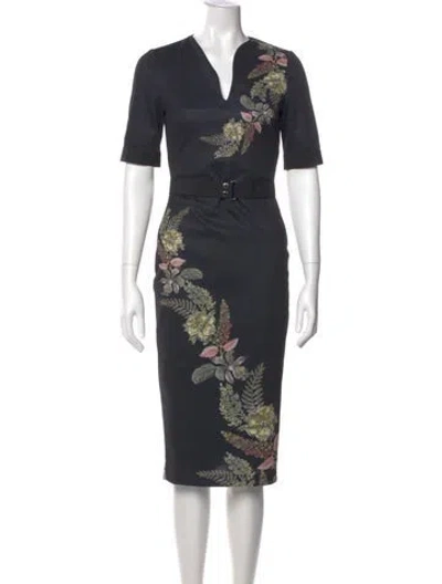Pre-owned Ted Baker Floral Print Midi Length Dress In Black