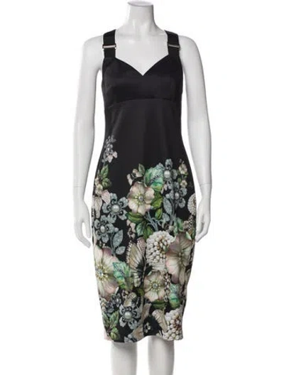 Pre-owned Ted Baker Floral Print Midi Length Dress In Black