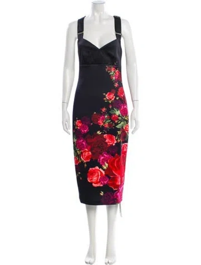 Pre-owned Ted Baker Floral Print Midi Length Dress In Black