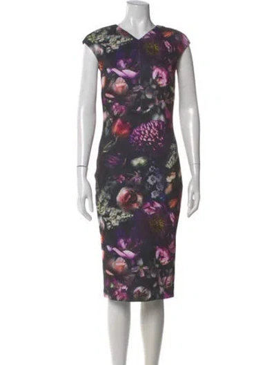 Pre-owned Ted Baker Floral Print Midi Length Dress In Black