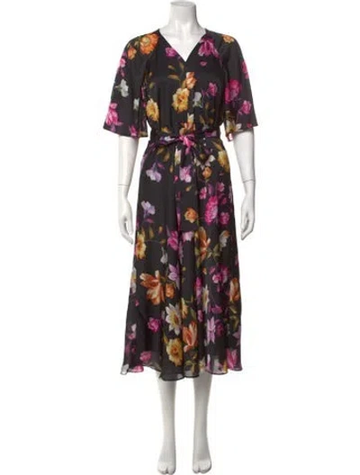 Pre-owned Ted Baker Floral Print Midi Length Dress In Black