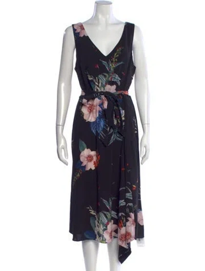 Pre-owned Ted Baker Floral Print Midi Length Dress In Black