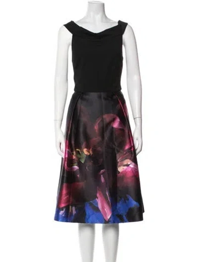 Pre-owned Ted Baker Floral Print Midi Length Dress In Black