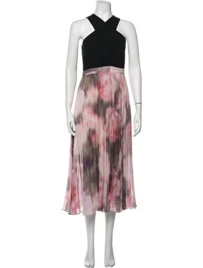 Pre-owned Ted Baker Floral Print Midi Length Dress In Black/pink